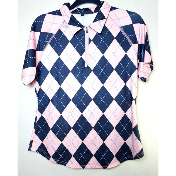 Tops - Womens‎ Pink Navy Argyle Quarter Zip Golf Polo Shirt Short Sleeve Active Top M